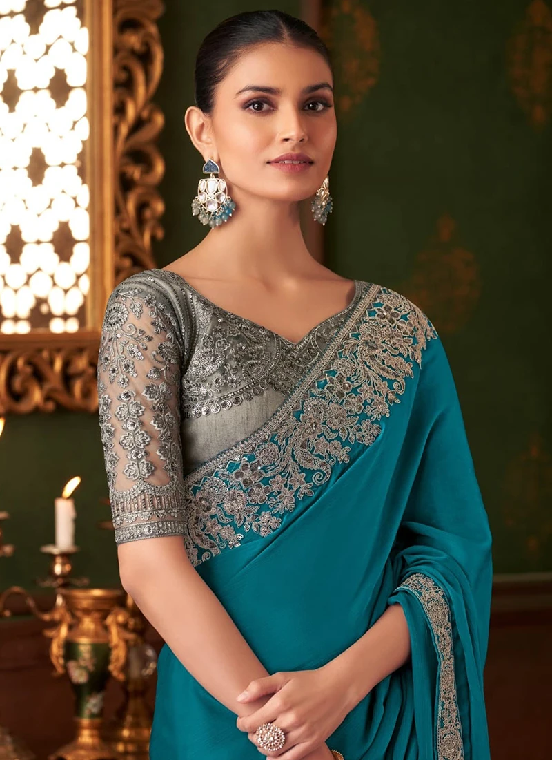 Aqua Blue Chiffon Embroidered Saree