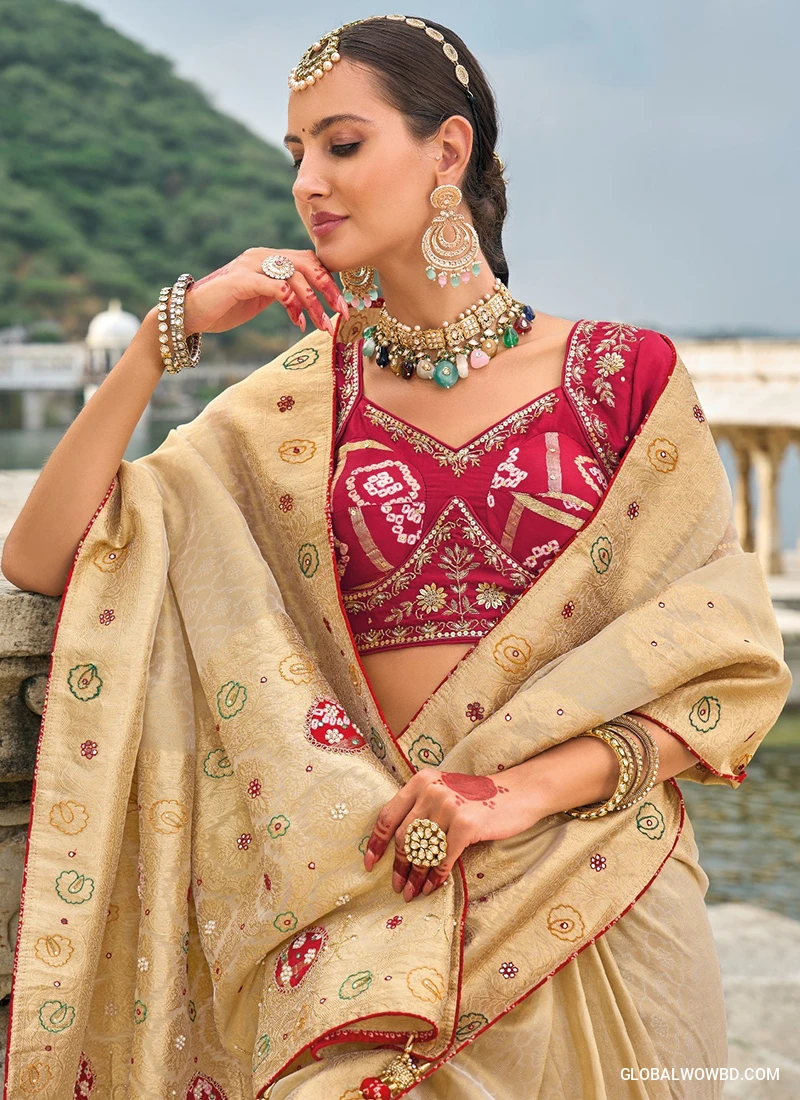 Chiku Thread Work Wedding Wear Pure Silk Saree
