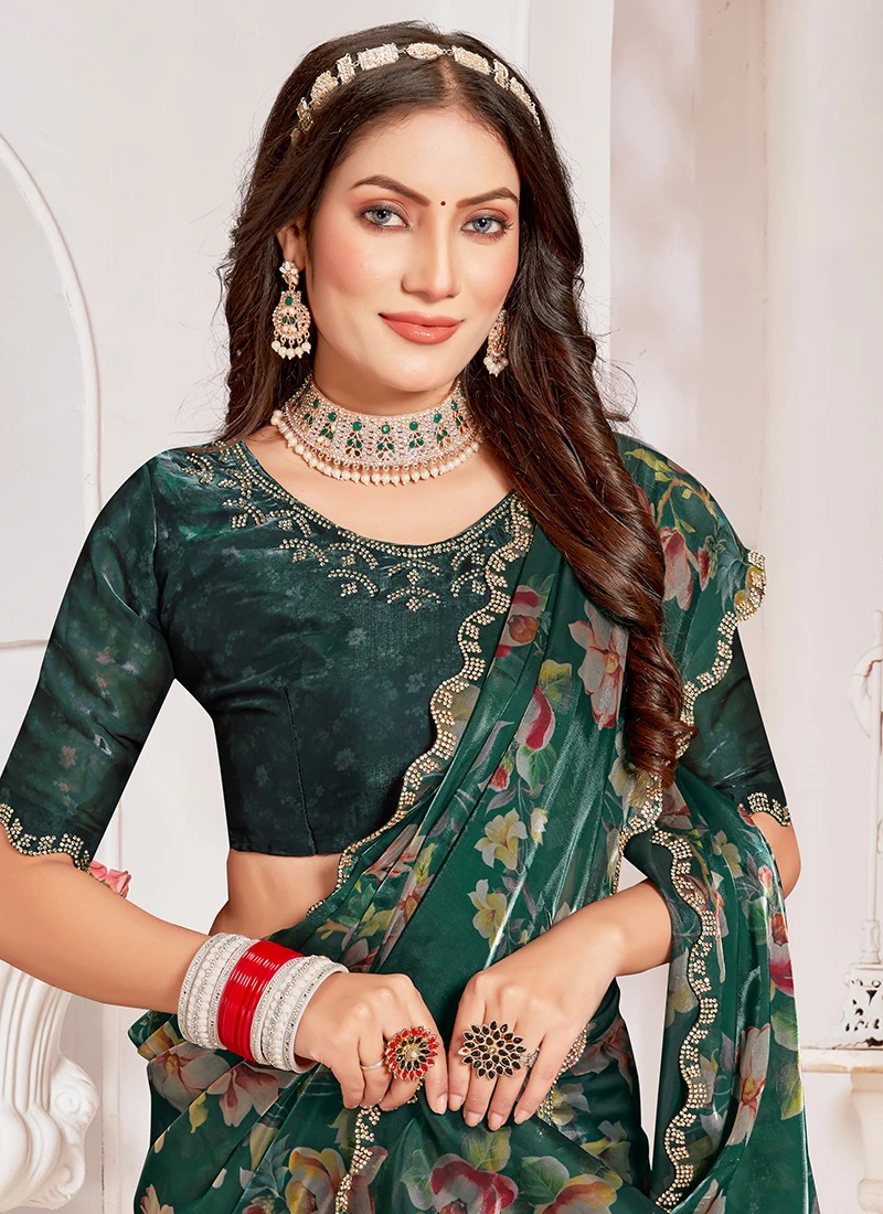 Bottle Green Crystal Organza Silk Wedding Wear Multi Work Saree