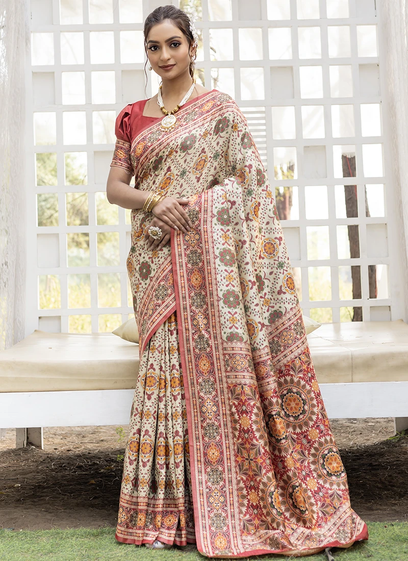 Patola Cream Wedding Wear Printed Saree